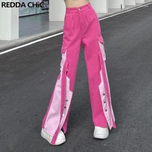 Jeans femininos reddachic barbiecore rosa bloco de cor mulheres baggy split calças de carga larga perna calças de cintura alta dopamina y2k streetwear