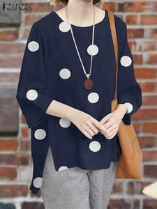 Damenblusen ZANZEA Herbst Frauen Bluse Kausal 3/4 Ärmel O-Ausschnitt Blusas Mode Polka Dots Bedruckte Shirts Urlaub Tops Chic Split