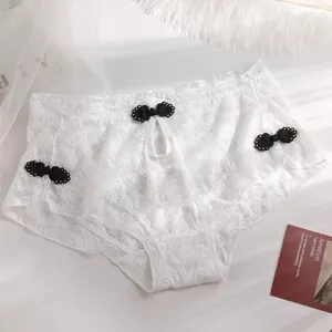 Women's Panties Vintage Chinese Qipao Style Underwear Female Mid-high Waist Transparent Sexy Lace Brief Bowknot Retro Soft Comfort Briefs