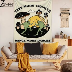 Cartoon-Tanzender Frosch-Pilz-Tapisserie-Druck Take more chancesdance dances Buchstaben-Wandtuch 70er-80er-Jahre-Disco-Hippie 240127