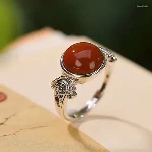 Küme halkaları 10mm Yuvarlak Doğal Güney Kırmızı Acate Taş Cabochon Ring Vintage 925 STERLING Gümüş Simpik Bulutlar Taş Takı için