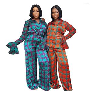 Women's Two Piece Pants 2024 Designs African Women Satin Outfit Plaid Casual Set Fashion Loose Solid Autumn Top&pants 2in1 Lady Suit