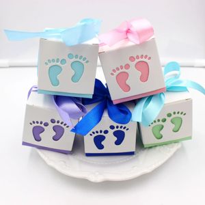 10 cute baby foot print paper candy boxes with ribbon gift packaging gender display baby shower birthday party decoration 240205