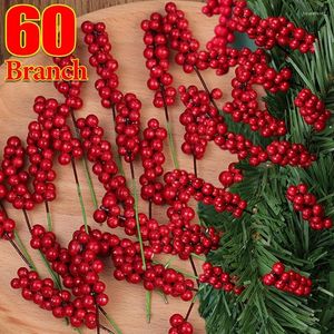 Decorative Flowers 60/1pcs Artificial Red Berries Branches Christmas Holly Berry Stamen Plants Wreath Xmas Tree Ornaments Party Home Decor