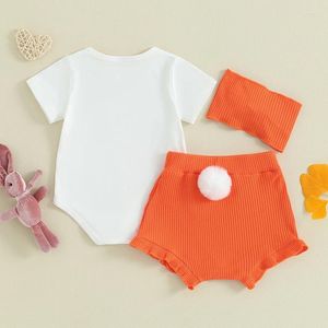 Kläder sätter påskdräkt baby flicka kort ärm hunny romper ribbed ruffle shorts pannband sommarkläder