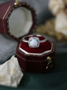 Cluster Rings Pure 925 Silver Women's Ring Inlaid With Zircon And Square Opal Luxury Elegant Style