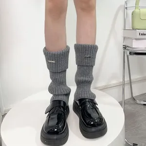 Women Socks Metal Label Leg Warmers Knitted Calf Solid Color Vintage Winter Y2K Japanese Harajuku Pile Long Covers