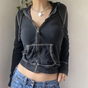 Xingqing linha de costura casaco 2000s estética feminina manga longa colheita topos com bolsos y2k grunge zíper com capuz jaqueta streetwear 240127