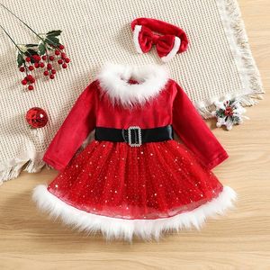 Flickaklänningar år julklänning sammet röda barnkläder Santa Claus Princess Kne-längd för baby