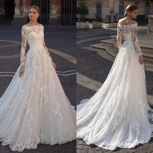 Beteau Neck Off Shoulder A Line Wedding Dresses Glamorous Lace Appliqued With Long Sleeves Bridal Gowns Boho Garden Back Buttons Sweep Train Vestidos De Novia CL3281