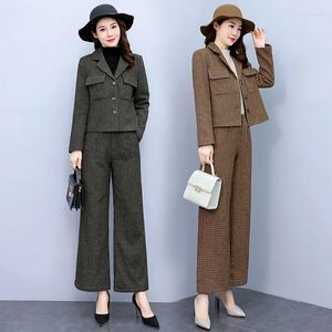 Women's Two Piece Pants Woolen Suit 2024 Winter Wide-Leg Professional Jacket Khaki Army Green Two-Piece Sets