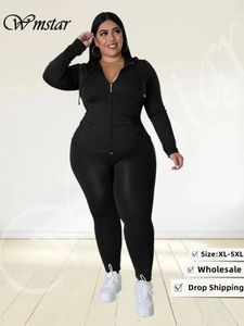 WMSTAR Plus Size Two Piece Outfits Women Hoodies Sweatsuit Leggings Pants Set Solid Stretch Matching Wholesale Drop 240125