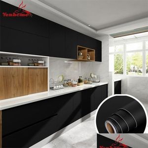 Adesivos de parede preto fosco armário de cozinha papel de parede autoadesivo à prova d'água vinil removível decalques de mesa decoração de casa 30cm de largura drop dhr3z