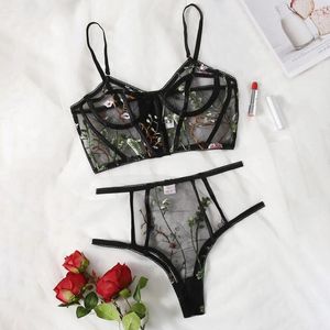 BHs Sets Sexy Dessous Blumenstickerei für Frauen Frech Plus Size G-String Tanga Unterwäsche Nachtwäsche Lenceria Para Damas