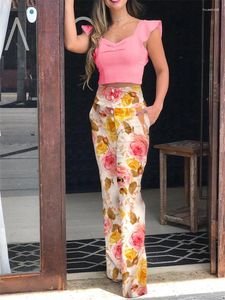 Women's Two Piece Pants Sets Outifits 2024 Flutter Sleeve Zip Back Top & Buttoned High Waist Set Of Fashion Casual Pieces For Women Elegan