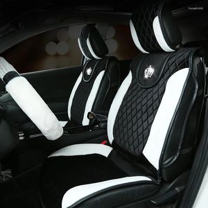 Car Seat Covers Black And White Full Set Women Crown Plush Winter Warm Cute Cushions With Back Protector