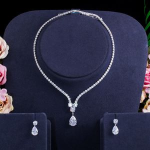 Choucong Original Wedding Jewelry Sets Luxury 18k White Gold Fill Water Drop 5A Cubic Zircon CZ Diamond Party Women Stud Earrings Bridal Tennis Necklace Gift