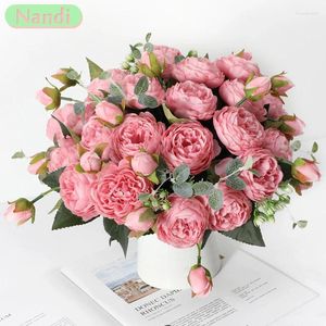 Decorative Flowers 30cm High Quality Rose Silk Bouquet Peonies 5 Big Heads 4 Small Buds Bridal Wedding Home Decor Fake Artificial