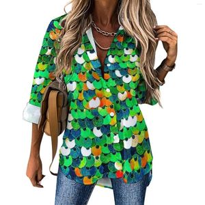 Blusas femininas verde metálico impressão casual blusa funky lantejoulas vintage personalizado feminino manga longa camisa de moda de rua oversized topo