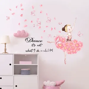 Wallpapers 30 60cm Dancing Girl Pink Butterfly Cartoon Wall Sticker Living Room Bedroom Study Decoration Self-adhesive Mural