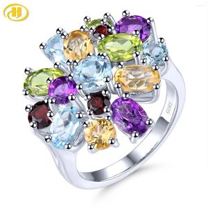 Cluster-Ringe, natürlicher blauer Topas, Amethyst, Citrin, mehrfarbiger Edelstein, Silber, 5,8 S, echtes buntes Design, S925, Geschenk für Frauen