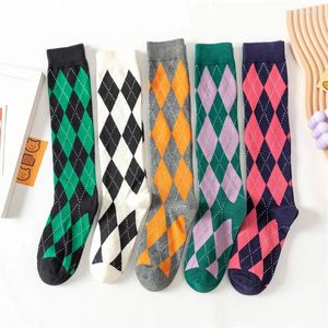 Women Socks Long Stockings Organic Cotton Lattice Warm High Ladies Girls Street Fashion Young Casual Calf Harajuku