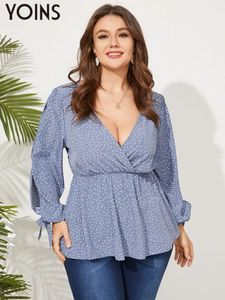 Plus storlek yoins kvinnor blusar mode sommarfjäder kvinnlig skjorta polka dot v-hals casual toppar tee långärmad blusa tunika 240202