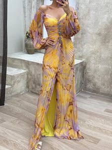 Casual Dresses 2024 V-Neck Sexy Split Maxi Dress Spring Autumn Loungewear Fashion Party Long Sleeve Folds Printing Ladies Holiday