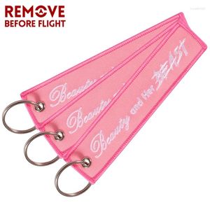 Keychains 3 PC Motorcycle Keychain Jewelry Embroidery Beauty And Her Beast Car Key Ring Chain For Women Gifts Luggage Tags Pink Chians