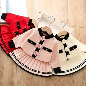 Clothing Sets Winter Clothes Set For Girls Cardigan Skirt Kids Beading Knit Wear Suits Uniform 1-7Ys Children 2024 Warm Sweater Outfits