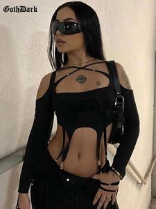 Mulheres Camisetas Goth Dark Grunge Corte Irregular Cyber ​​Y2K Camisetas Gótico Punk Bodycon Mulheres Sexy Crop Tops Preto Manga Longa Streetwear