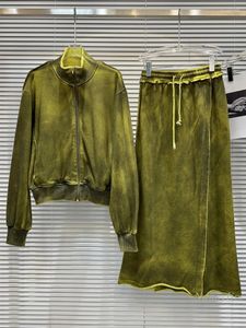 Skirts 2024 Autumn Skirt Sets Street Washed And Worn Dyed Coat Zipper Sweatshirt Elastic Waist Long Casual Fall Outfits