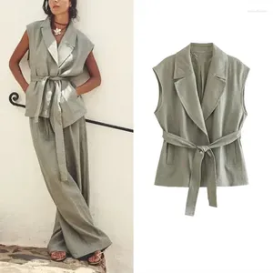 Coletes femininas traf cinto colete para mulher 2024 lapela sem mangas blazer casual solto moda amarrada cinto outfits mulheres verão