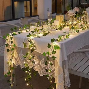Декоративные цветы 2 метра поддельные зеленые листья плюща лоза со светодиодными лампами строка для домашнего декора спальни свадьба светящиеся искусственные растения украшения