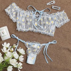 Conjuntos de sutiãs mulheres lingerie conjunto margarida impressão lace up puff manga transparente top babados elástico íntimos tangas roupa interior