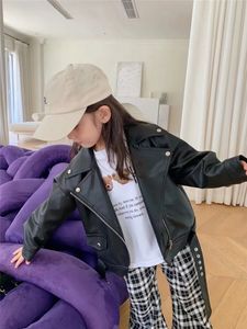 Autumn Girls PU Leather Fashion Black Jacket Long Sleeve Cool Baby Girl Brand Kids Coat Children Clothing 240125