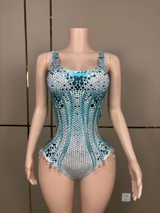 Scene Wear Bling Blue Rhinestones paljetter Leotard Evening Birthday Celebrate Bodysuit Female Singer Show Performance Sexig dräkt