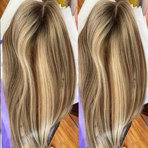 820 8x13cm Höjdpunkt Brown and Blonde Color Straight Women Topper European Human Hair Remy Natural Toupee Replacement 240130