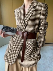 Autumn Women Vintage Houndstooth Woolen Blazer Jackets Fashion Elegant Casual Outerwear Coat With Belt Female Cardigan Clothes 240202