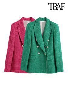TRAF Women Fashion Double Breasted Tweed Green Blazer Coat Vintage Long Sleeve Flap Pockets Female Outerwear Chic Veste 240130