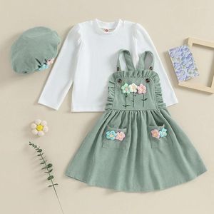 Set di abbigliamento Set da bambina Camicia a maniche lunghe a coste per bambini Modello floreale 3D Gonna con reggicalze Cappello Abito da festa girocollo autunnale