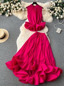 Work Dresses Summer Women Green/Rose Red/Beige/Black Two Piece Set Vintage Stand Collar Sleeveless Short Tops Ruffle Hem Skirt Suit