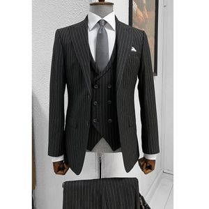 Formal Blazer Black Stripe Men's Suits Single Breasted PeakLapel Slim Fit Luxury 3 Piece Jacket Pants Vest Formal Business Set 240123