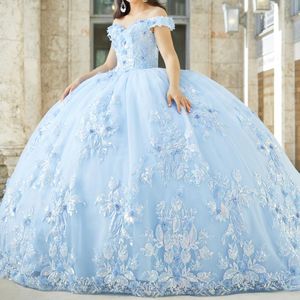 Sky Blue Ball Gown Quinceanera Dresses Sweetheart Appliques Lace Tull Elegant Off the Shoulder Train Sweet 16 Vestido De 15 Anos