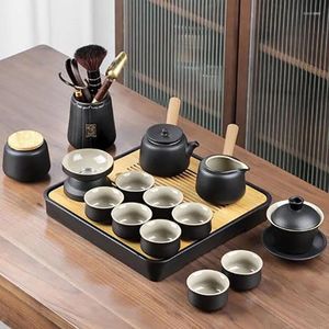 Наборы чайной посуды, набор для чайной церемонии из черной керамики, керамический чайник, сервис в стиле дзен с подарком Caddy