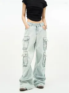 Men's Jeans Multi Pocket Wash Blue Wide Leg Casual Cargo Pants Vintage American Street Female Loose Straight Denim Trousers