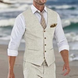 Beige Linen Suit Vest for Men Wedding Summer Beach Waistcoat V Neck Male Fashion Cost 240202