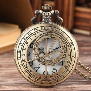 Pocket Watches Zodiac Compass Hollow Out Pattern Bronze Retro Quartz Men Kvinnor Halsband Titta på antika hängande gåvor