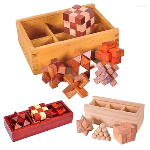 Dipinti Giocattoli di sblocco in legno Set con scatola Puzzle 3D Gioco Kong Ming Lu Ban Lock Bambini Adulti IQ Rompicapo Giocattolo educativo Regali per bambini