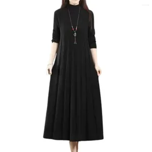 Casual Kleider Einfarbig Frauen Kleid Winter Stil Plissee Midi Hohe Kragen Gestrickte A-linie Für Dicke Warme Langarm